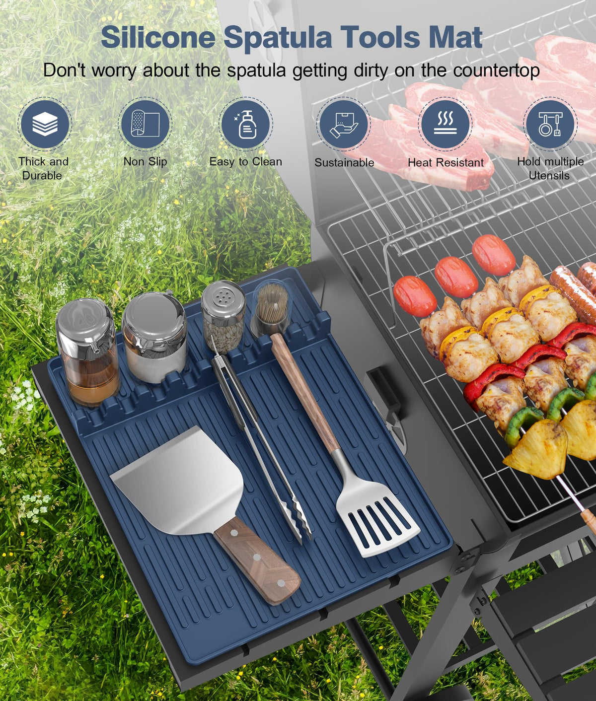 Uozuke blue grill mat with eight-slot holder for utensils on the grill