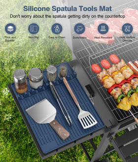 Uozuke blue grill mat with eight-slot holder for utensils on the grill