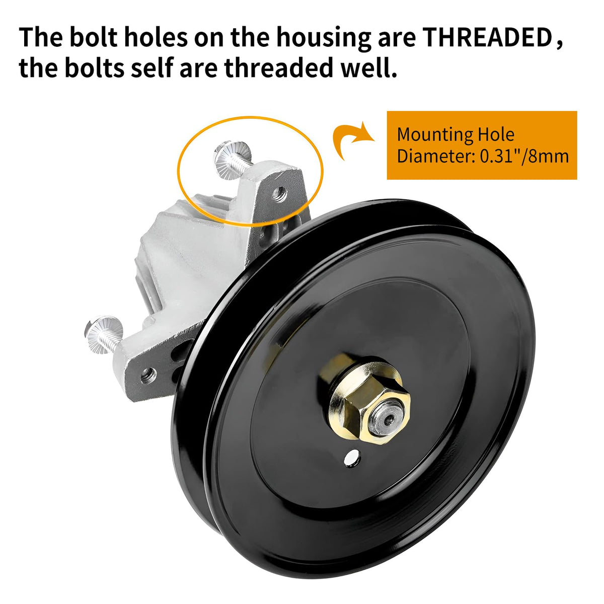 UP2WIN spindle assembly close-up highlights threaded bolts for secure mounting.