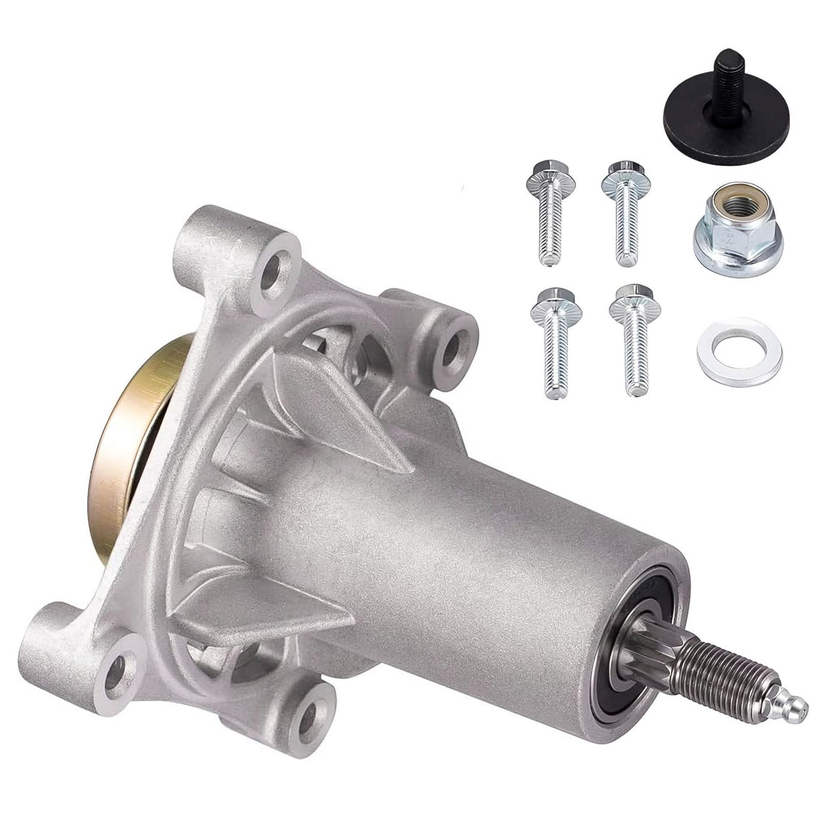 UP2WIN spindle assembly close-up showing deck compatibility for 42–54 inch mowers