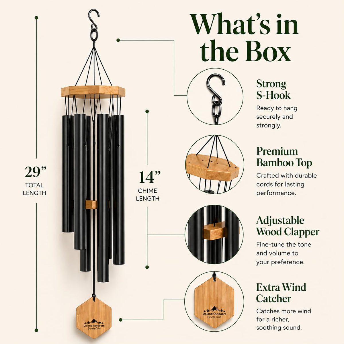 UpBlend black wind chime, outdoor-ready design for garden spaces.
