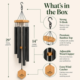UpBlend black wind chime, outdoor-ready design for garden spaces.