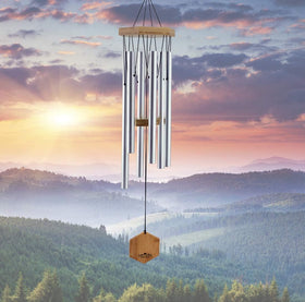 UpBlend Outdoors deep-tone wind chimes in silver, ideal for outdoor memorial spaces.
