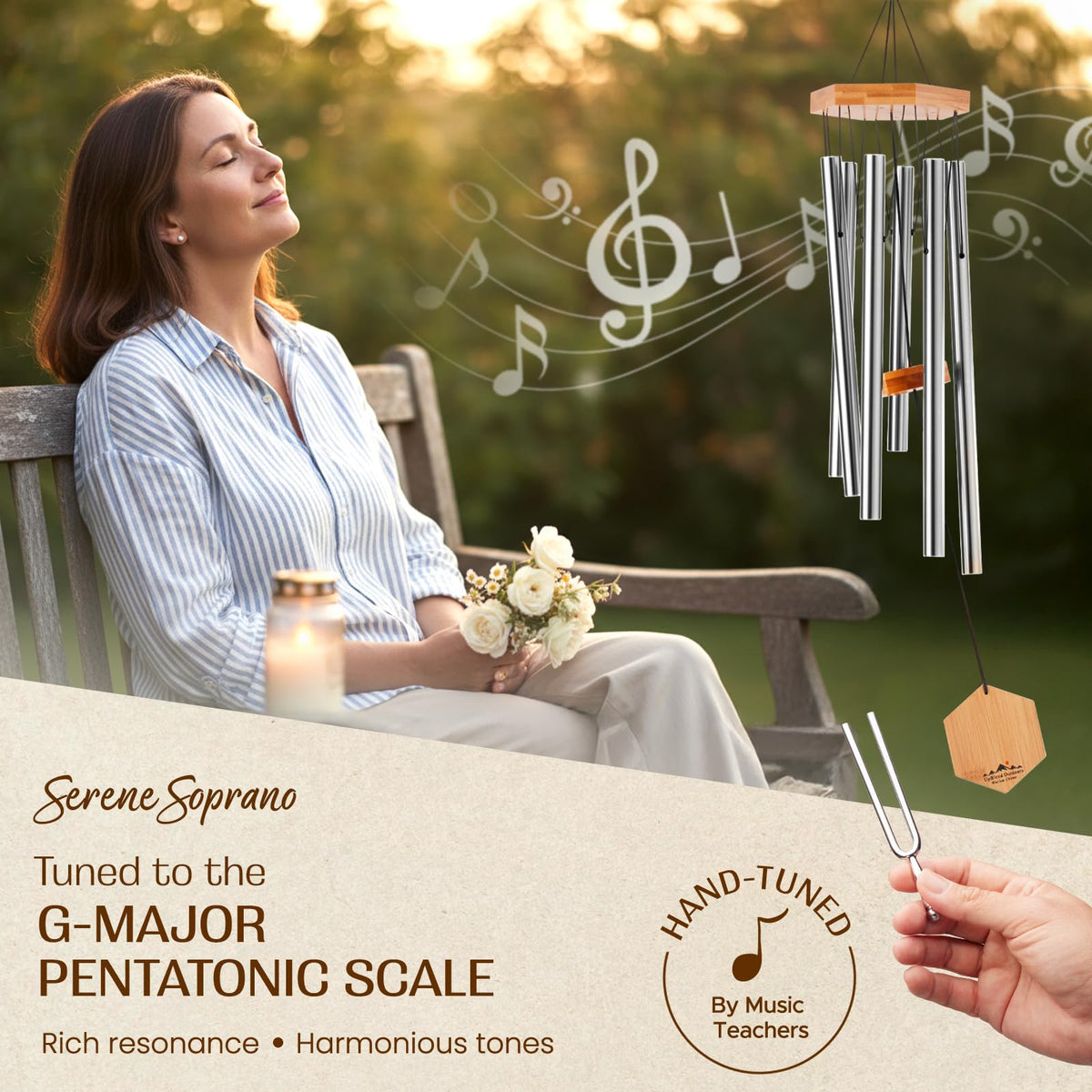 UpBlend Outdoors wind chimes tuned to G-Major for deep, resonant notes.