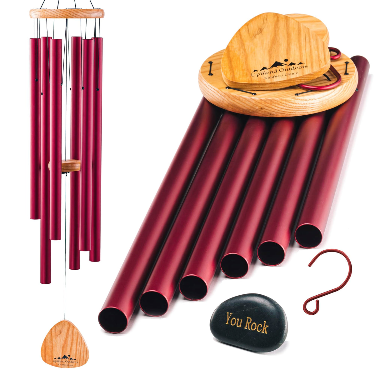 UpBlend Outdoors XL wind chimes with deep tone red 41 and stone for serene outdoors