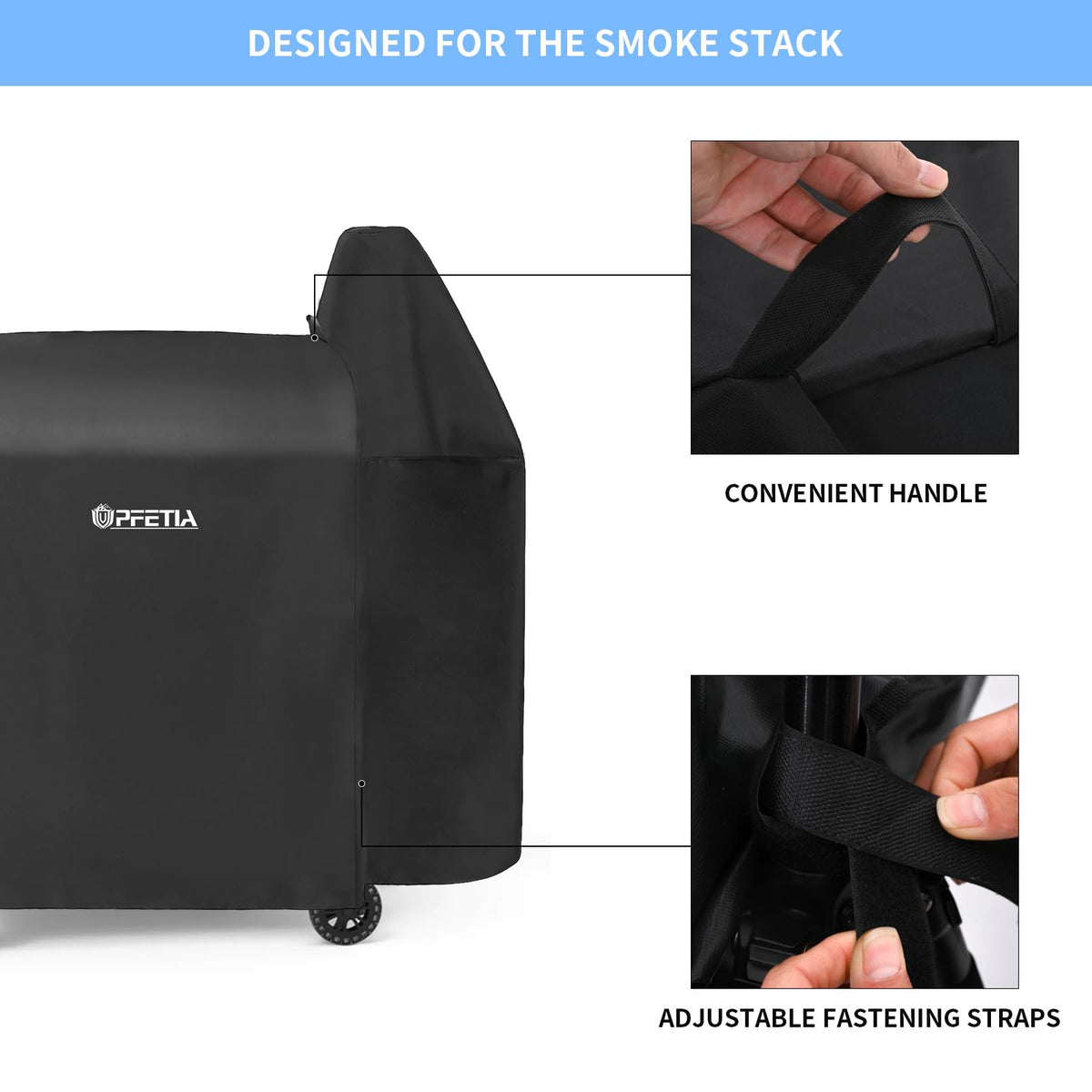 UPFETIA grill cover showing adjustable Velcro straps for secure fit.