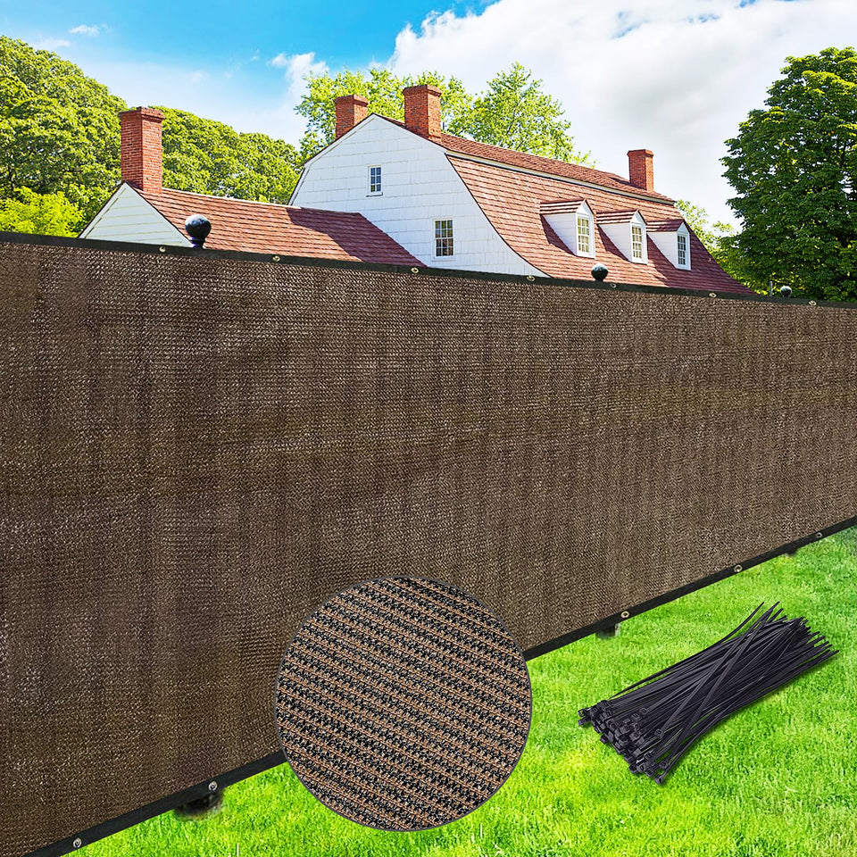 UPGRADE privacy screen fence in mocha protects outdoor space with durable HDPE fabric.