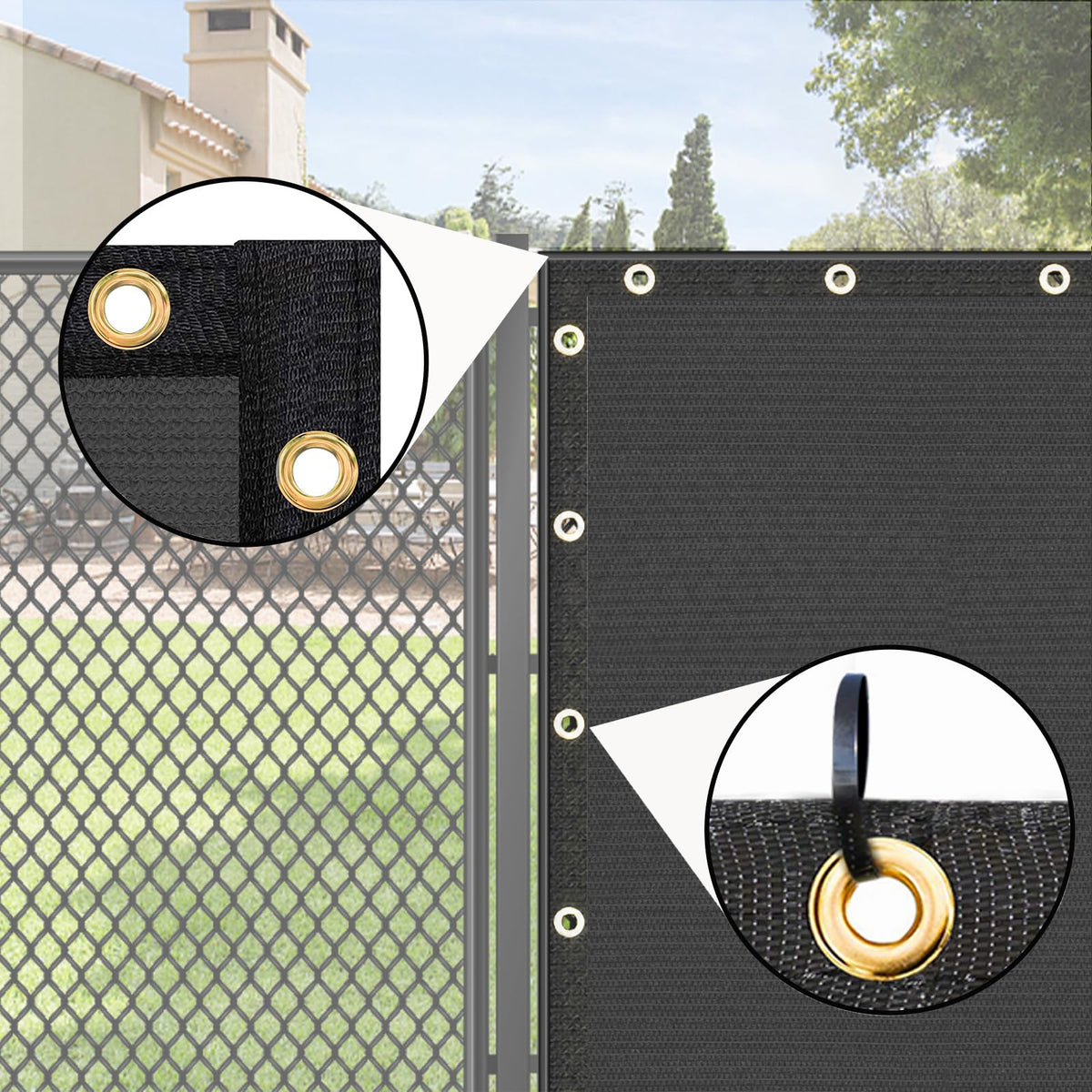 Reinforced edges with double support enhance privacy screen longevity in windy conditions