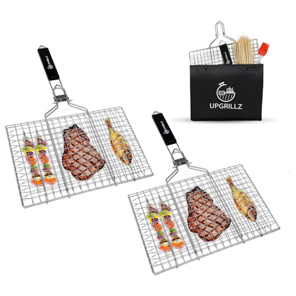 Upgrillz fish grill basket with foldable handle for easy storage and transport.