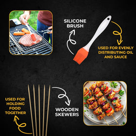Upgrillz fish grill basket set includes skewers and silicone brush for ready grilling.