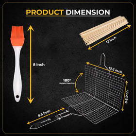 Upgrillz fish grill basket shown with compact storage bag for outdoor cooking.