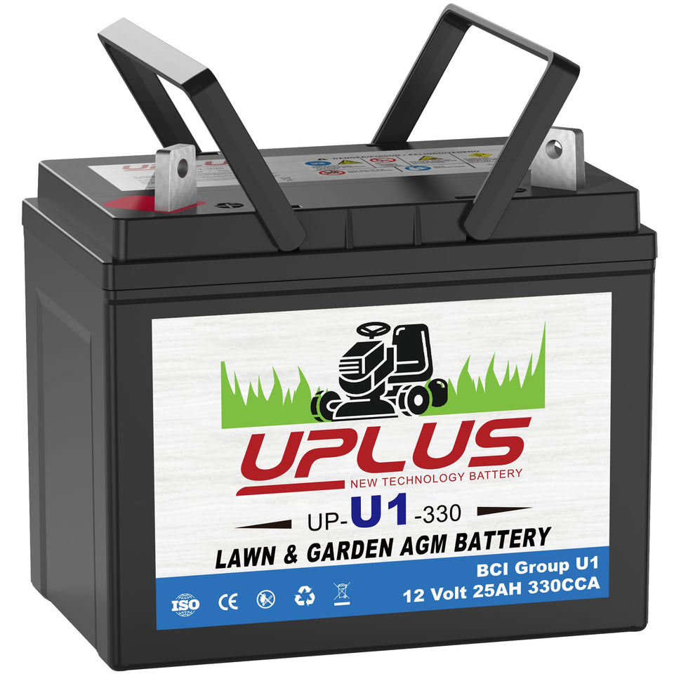 UPLUS U1 riding lawn mower battery top view, maintenance-free design