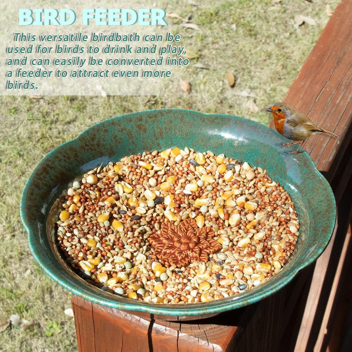 UPSJYJ glazed ceramic bird bath adds a soft sheen in sunlight.