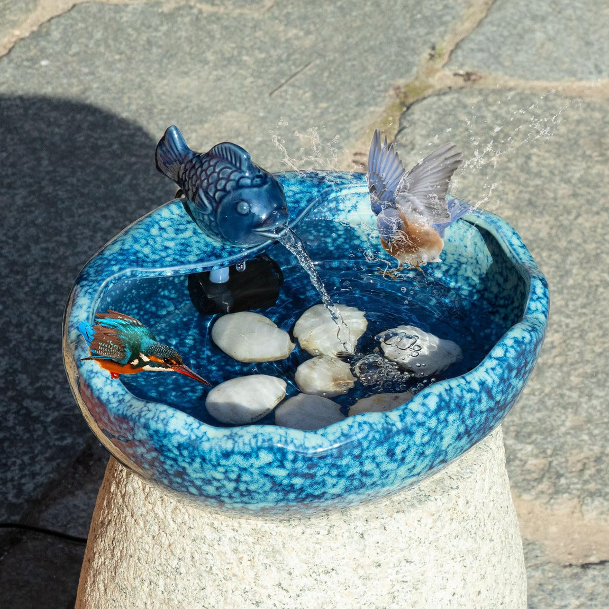 UPSJYJ solar pump in action powers a calm bird bath display.