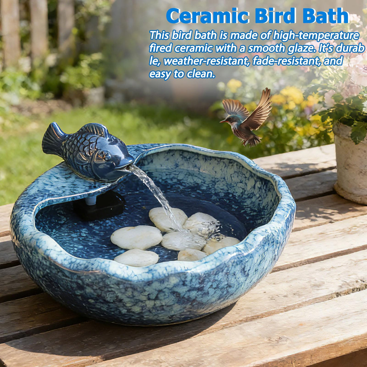 UPSJYJ weather-resistant glaze protects the ceramic bird bath from sun and rain.