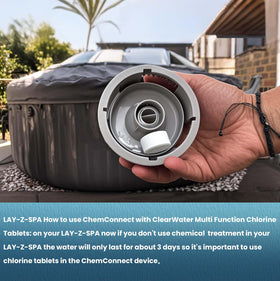 upuuup chemconnect dispenser in use demonstrates compatibility with lay-z-spa
