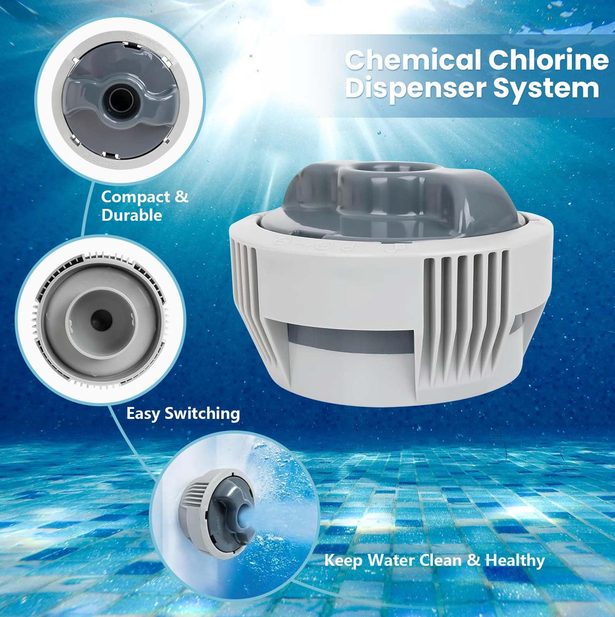 upuuup chemconnect dispenser side view highlights adjustable flow for chlorine release