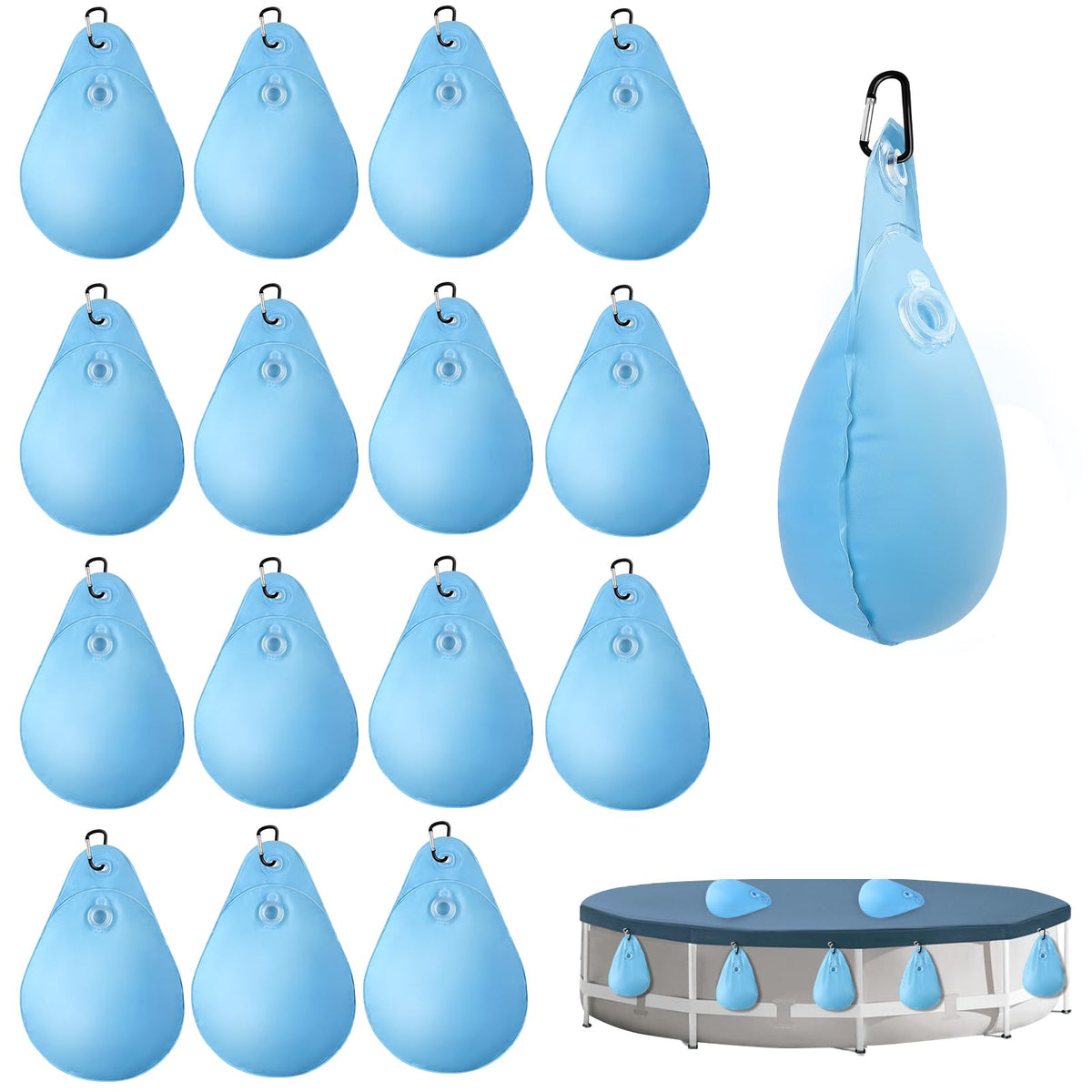 UQM 16-pack pool cover weights with buckles secure the cover on above-ground pools.