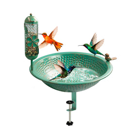 UQQUUNIQ metal bird bath on copper green deck inviting birds to sip and bathe