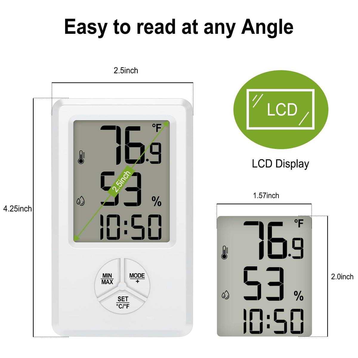 Urageuxy digital hygrometer LCD display visible from any angle for quick checks.