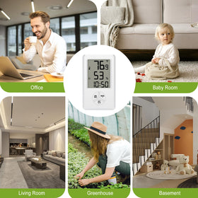 Urageuxy digital hygrometer room use demonstrates reliable monitoring in home, office, greenhouse.
