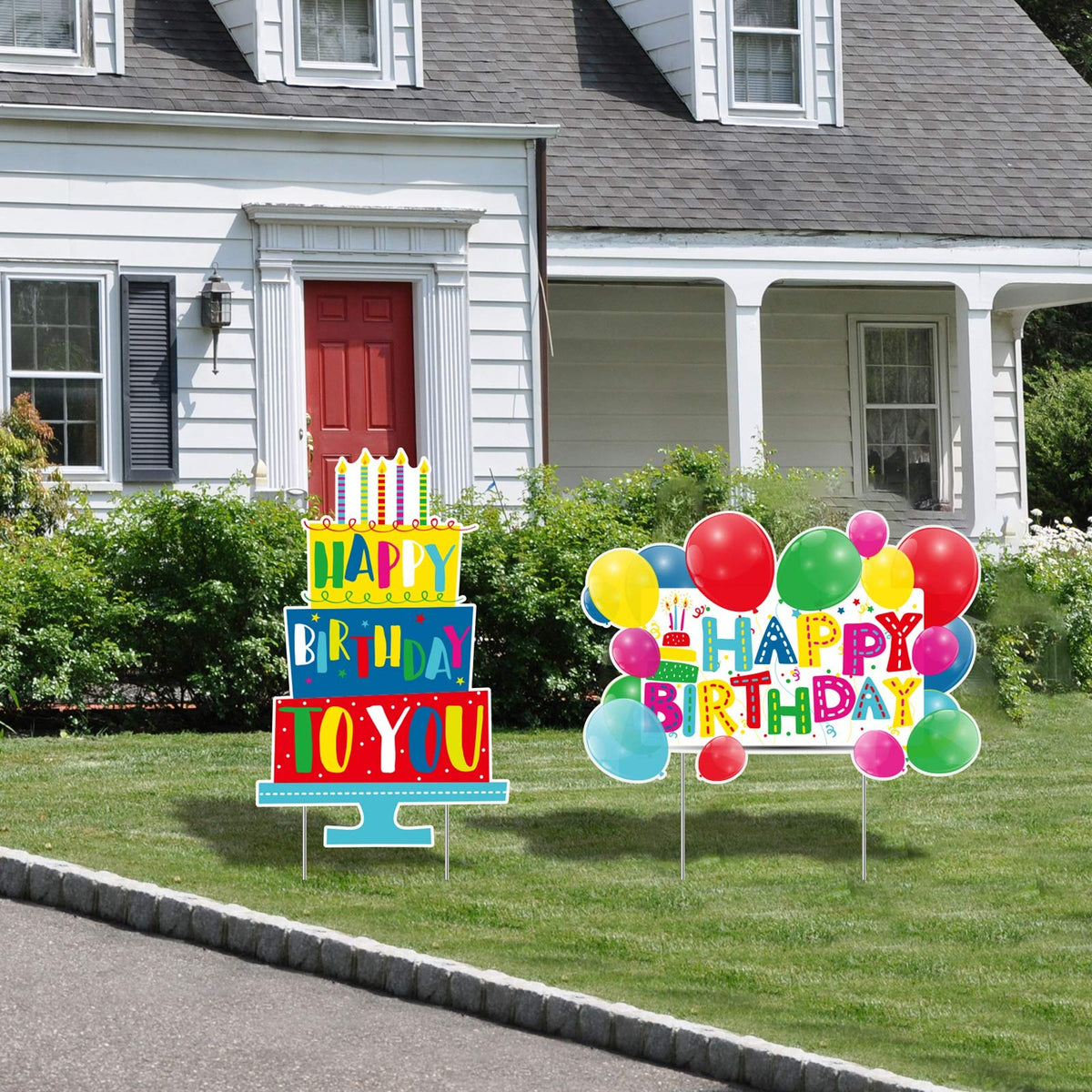 URATOT birthday signs in yard—reusable and recyclable plastic for multiple celebrations.