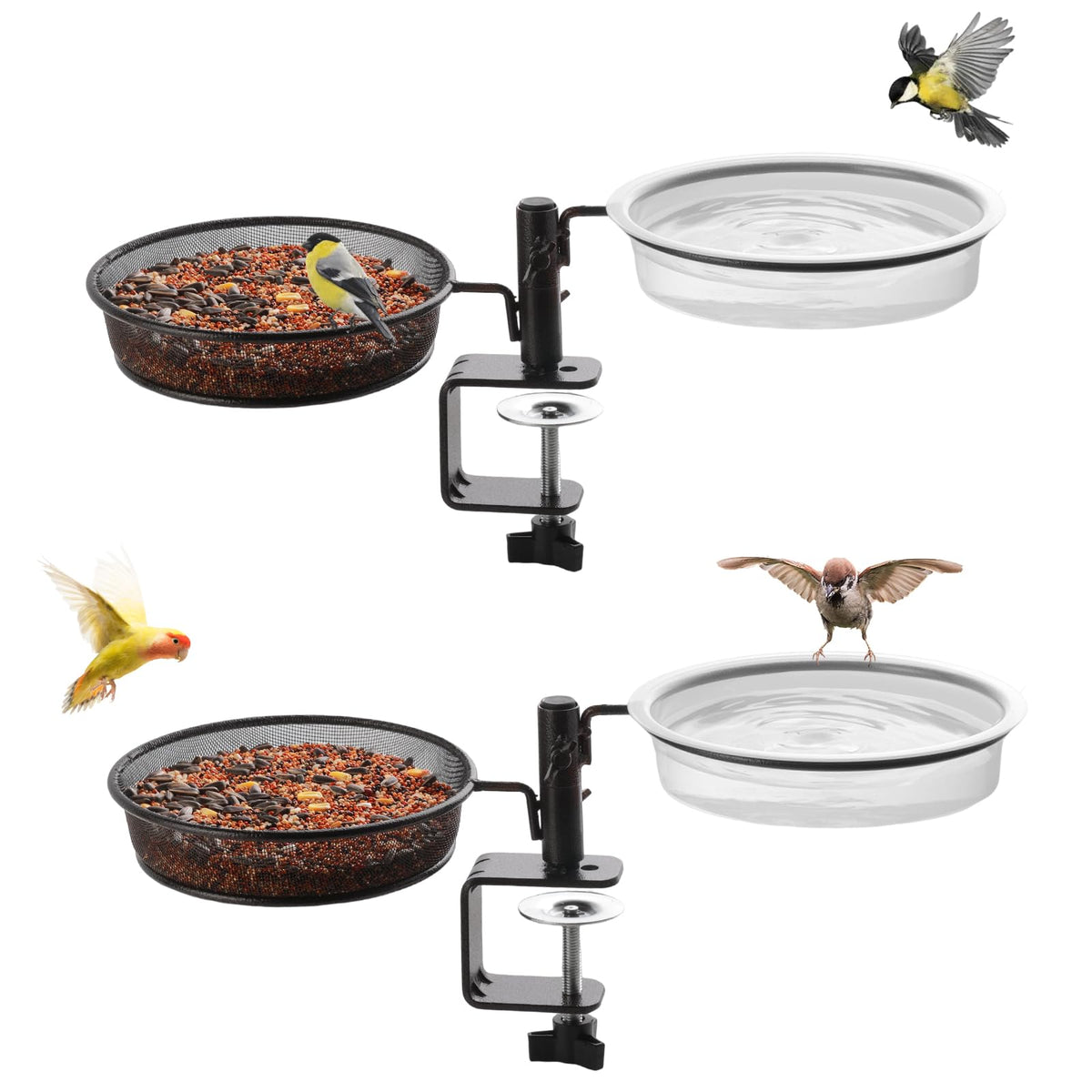 Urban Deco deck bird feeder front view highlights bronze finish and dual-use tray.