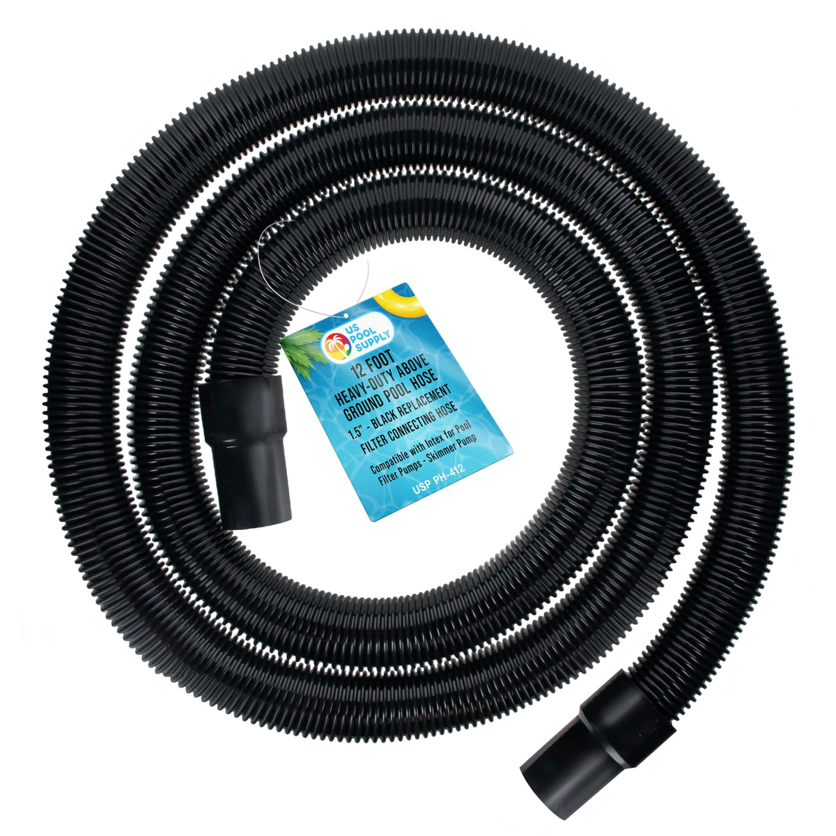 US Pool Supply 12ft hose in black for above-ground pools, durable for secure pool connections and leak prevention.