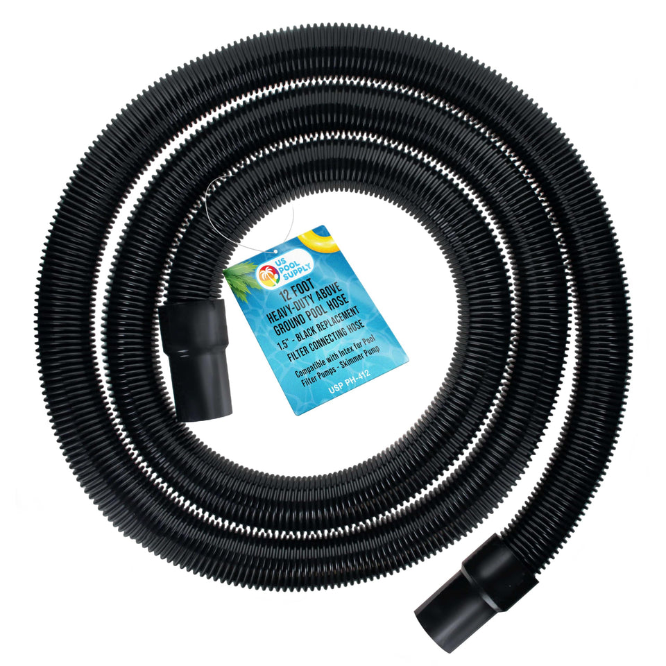 US Pool Supply 12ft hose in black for above-ground pools, durable for secure pool connections and leak prevention.