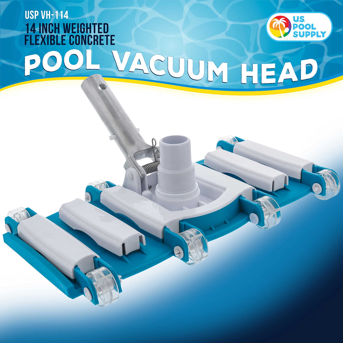 US Pool Supply 14-inch vacuum head with swivel hose connection enables leak-free, flexible cleaning.