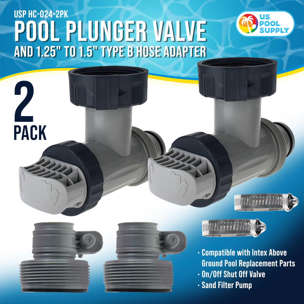 US Pool Supply adapter B connection converts 1.25 to 1.5 inch fittings.