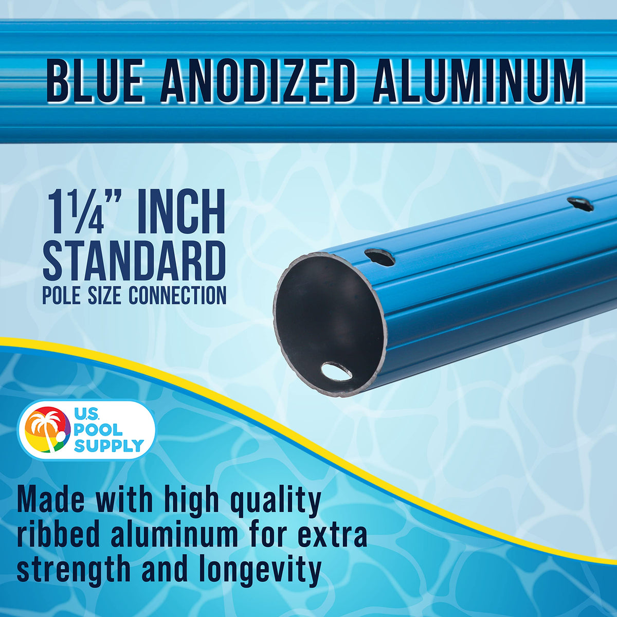 US Pool Supply blue anodized aluminum pole showcases durable construction.