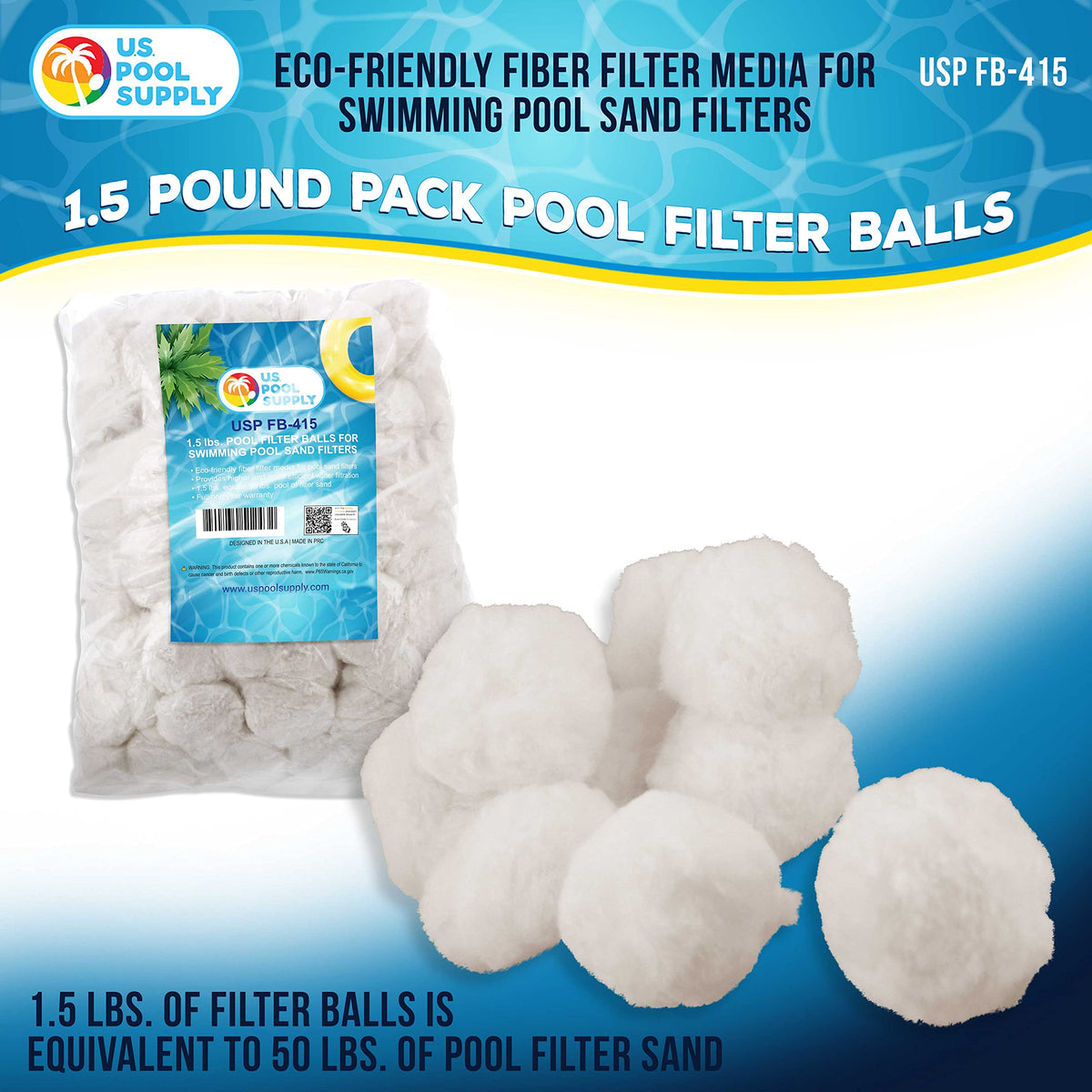 U.S. Pool Supply filter balls closeup highlighting polyester and polypropylene fibers for fine filtration.