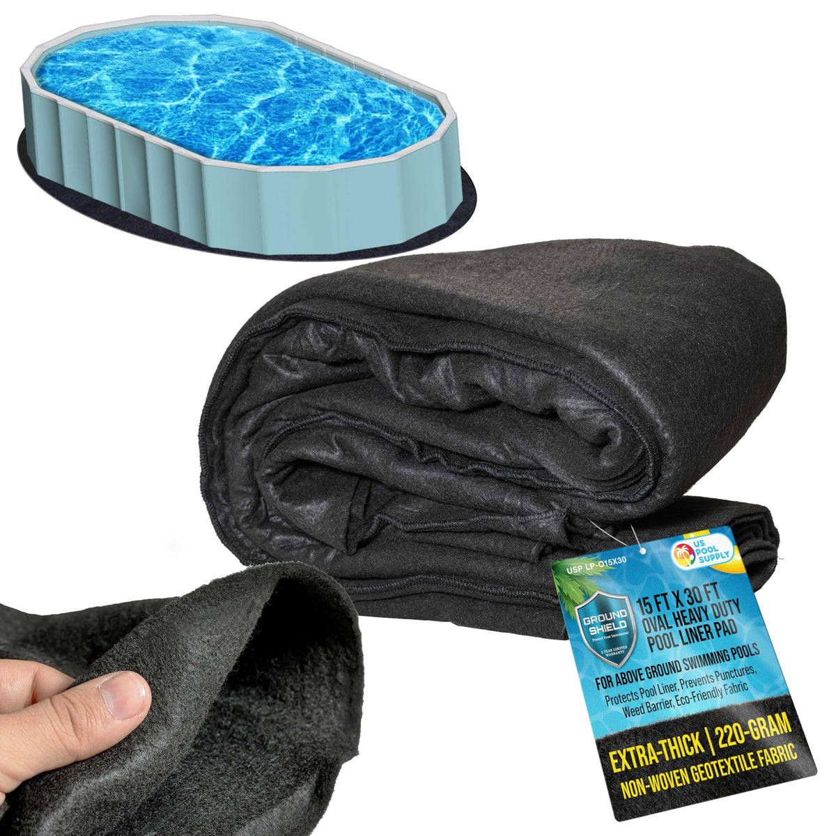 US Pool Supply Ground Shield oval liner pad laid flat prevents punctures.
