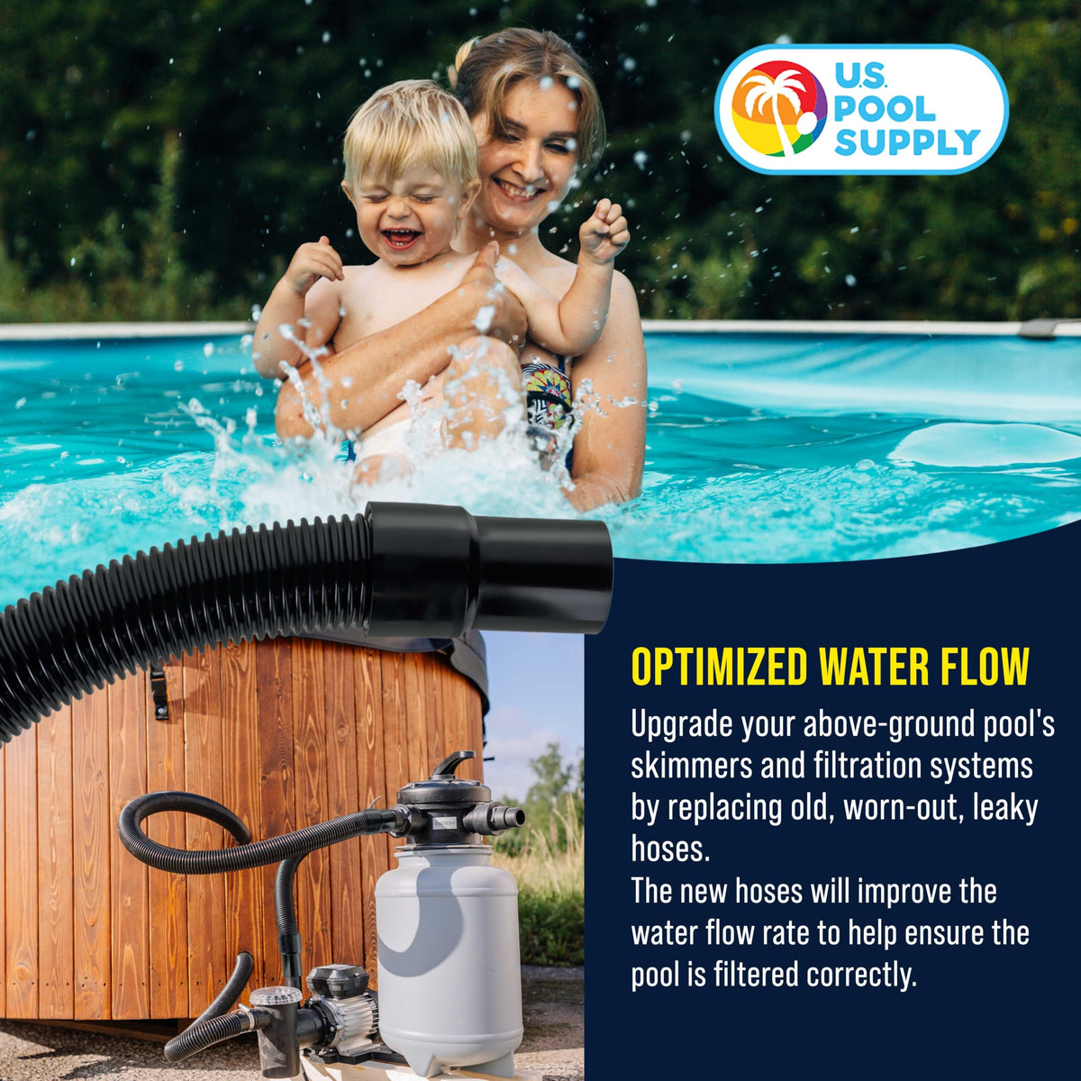 US Pool Supply heavy-duty hose resists leaks and weathering for outdoor pool use.