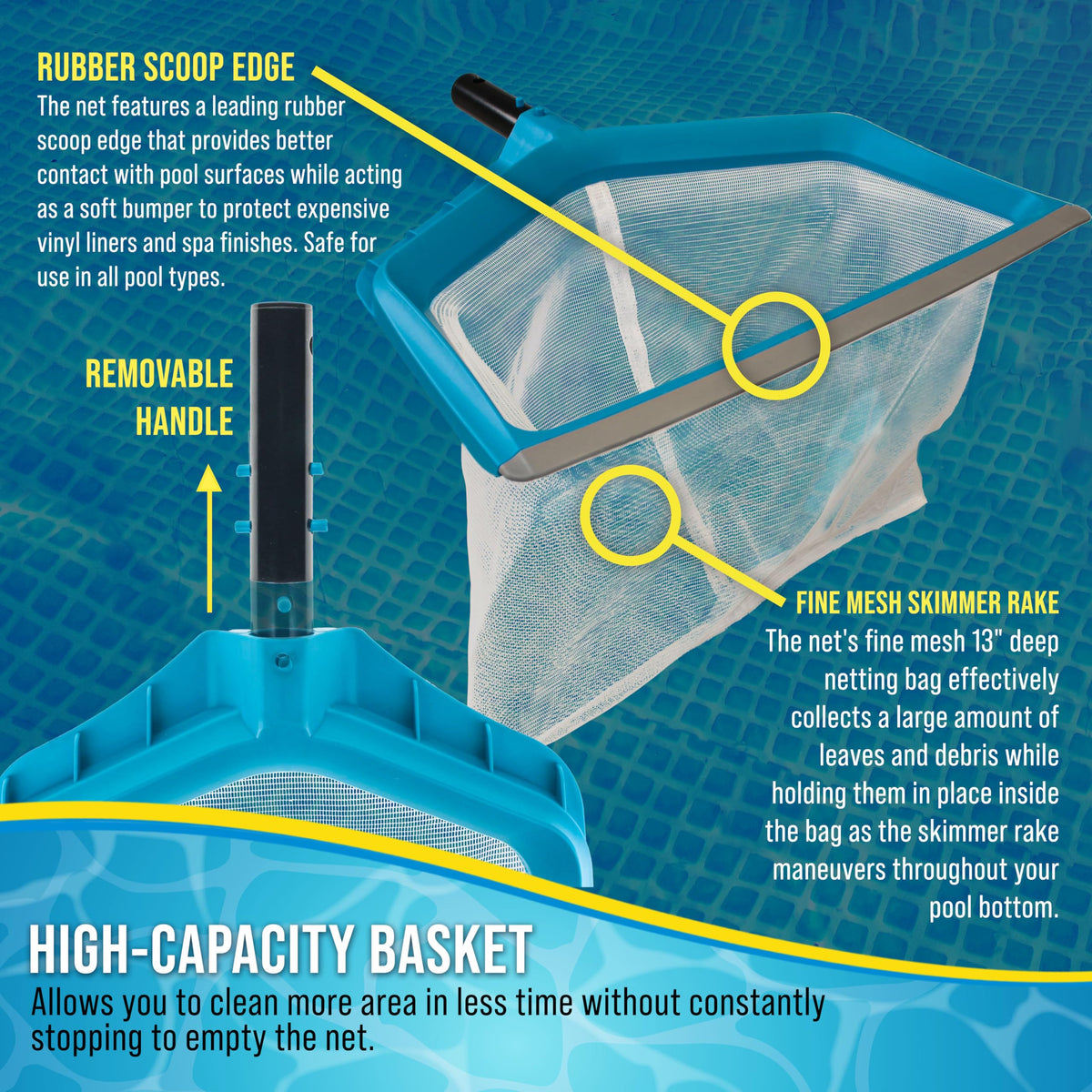 Deep 13-inch bag traps debris while you skim.