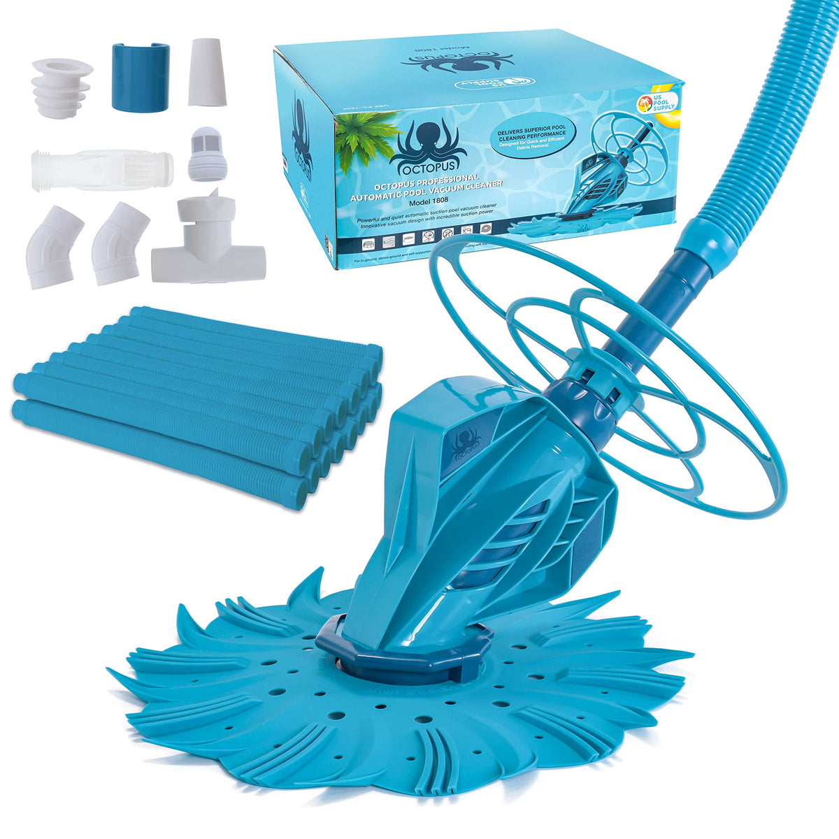 US Pool Supply Octopus suction cleaner on pool floor shows debris pickup