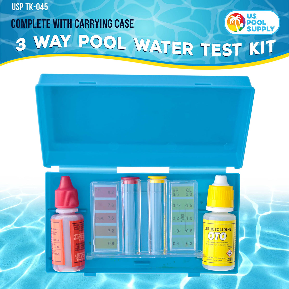 U.S. Pool Supply OTO chlorine solution bottle ready for testing
