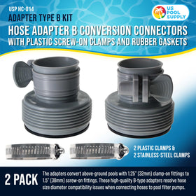 US Pool Supply Adapter B, pack of 2, includes gaskets and clamps for leak-free installs.