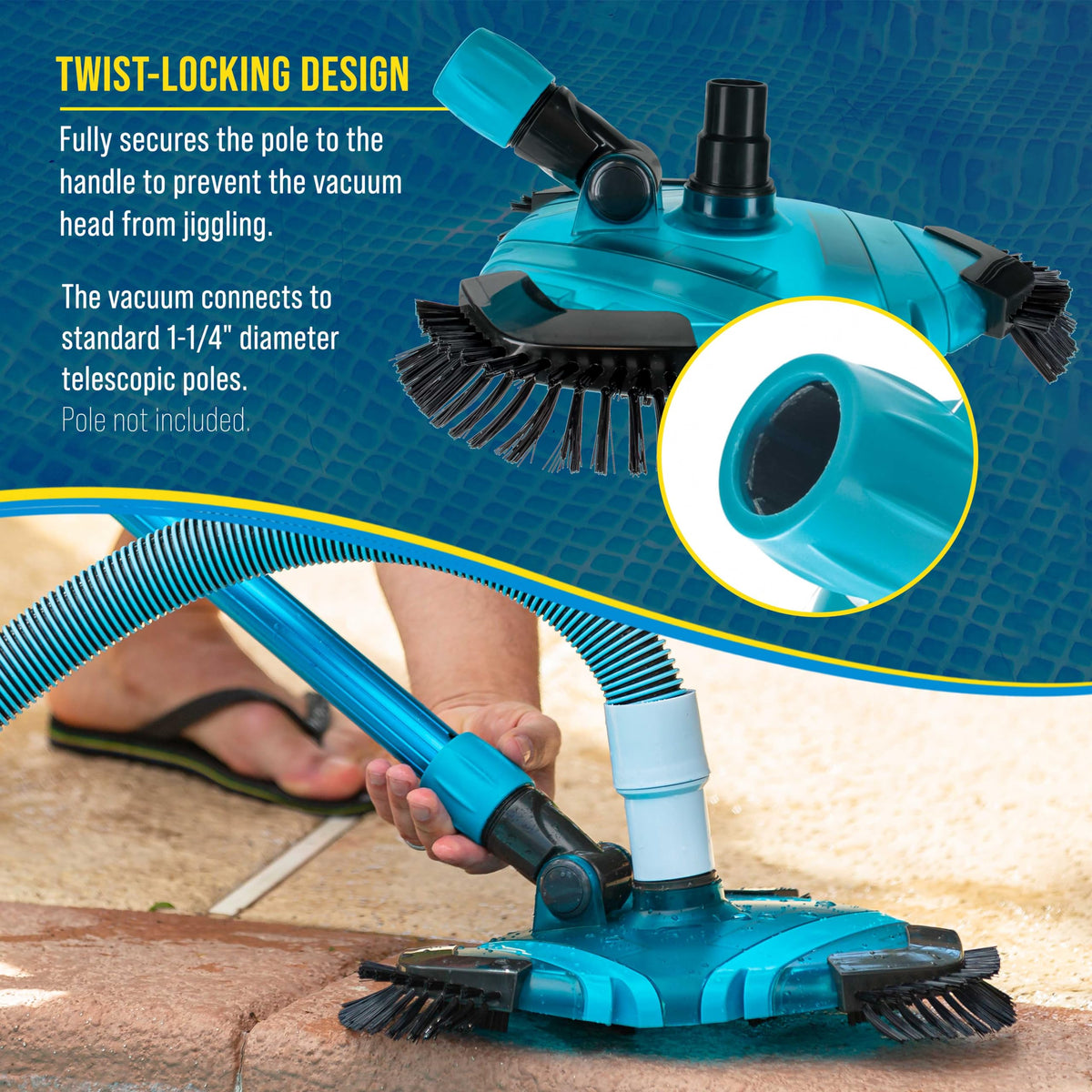 U.S. Pool Supply secure lock pole handle prevents head jiggle during cleaning.
