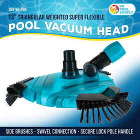 U.S. Pool Supply vacuum head shows side brushes on a triangular design for deep cleaning.