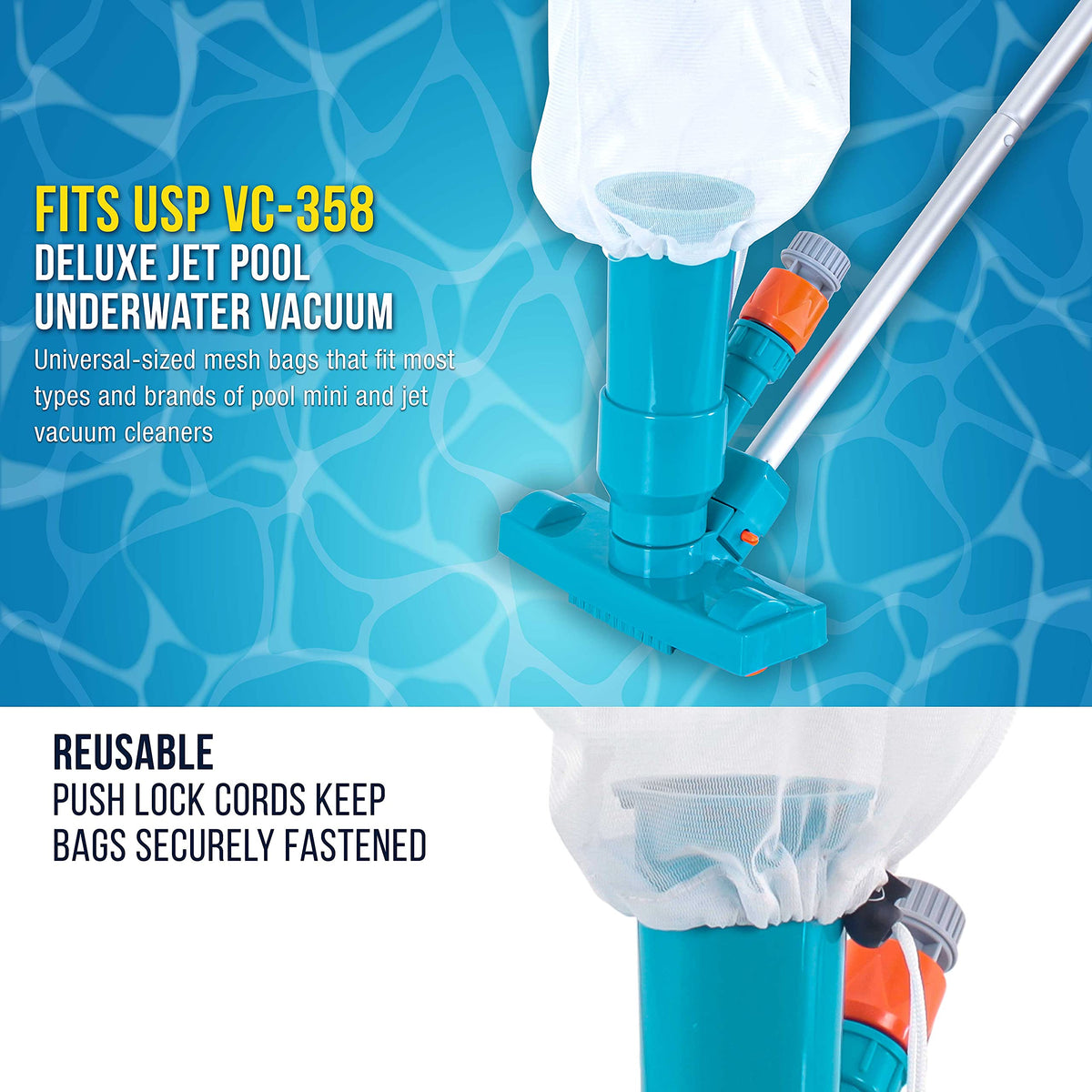 US Pool Supply replacement jet vacuum bag in vacuum demonstrates VC-358 deluxe compatibility.