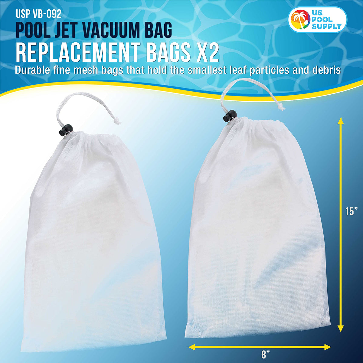 US Pool Supply replacement jet vacuum bag open shows the 8-inch opening for easy loading.