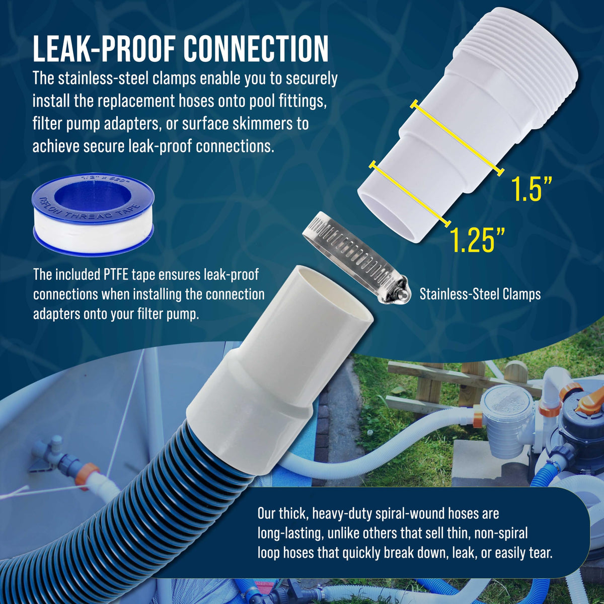 US Pool Supply spiral-wound hose construction resists kinks and wear