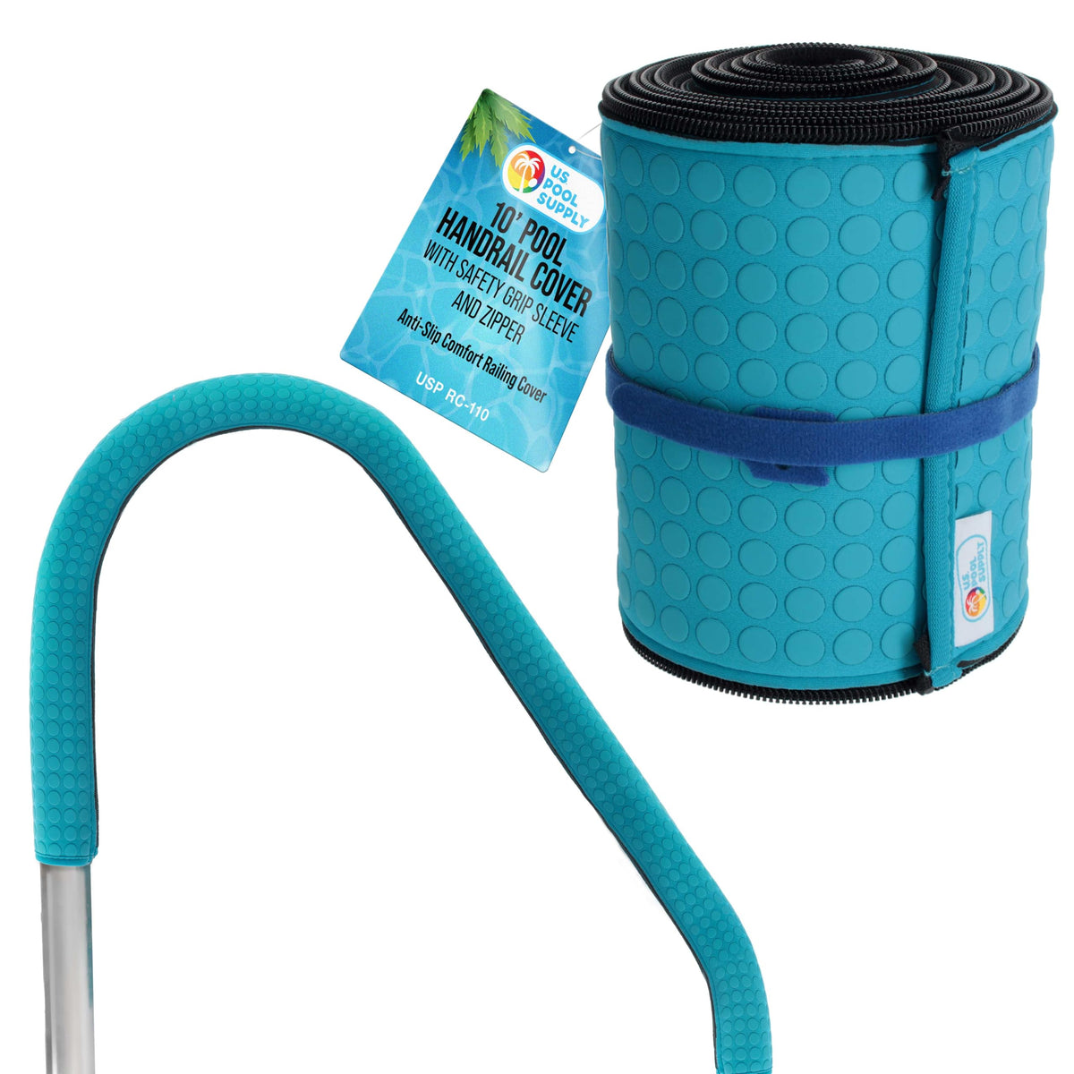 US Pool Supply teal handrail cover with zipper improves easy fitting for safer pool entry.