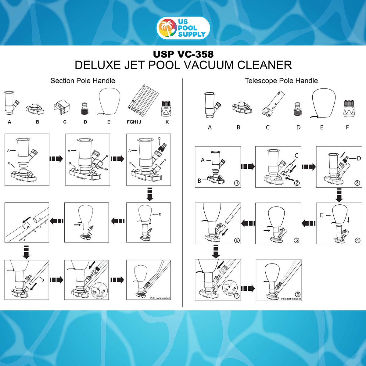 US Pool Supply vacuum in use with hose demonstrates efficient setup.