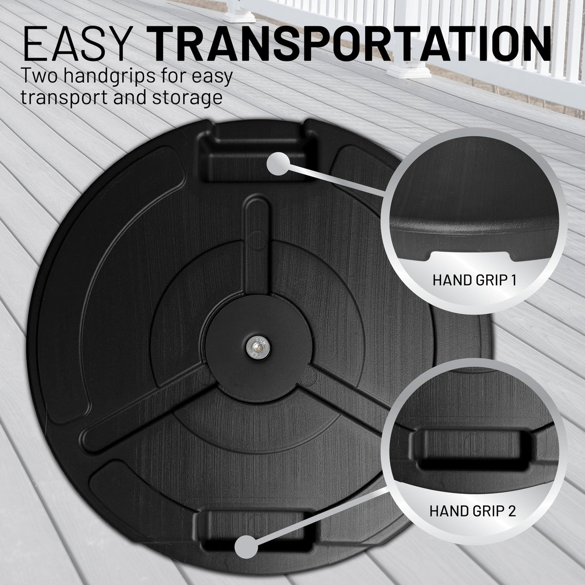 US Weight umbrella base designed to be used with a patio table outdoors.