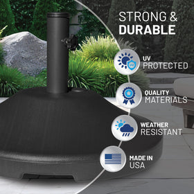 US Weight base can be filled with concrete, gravel, sand, or water for stability.