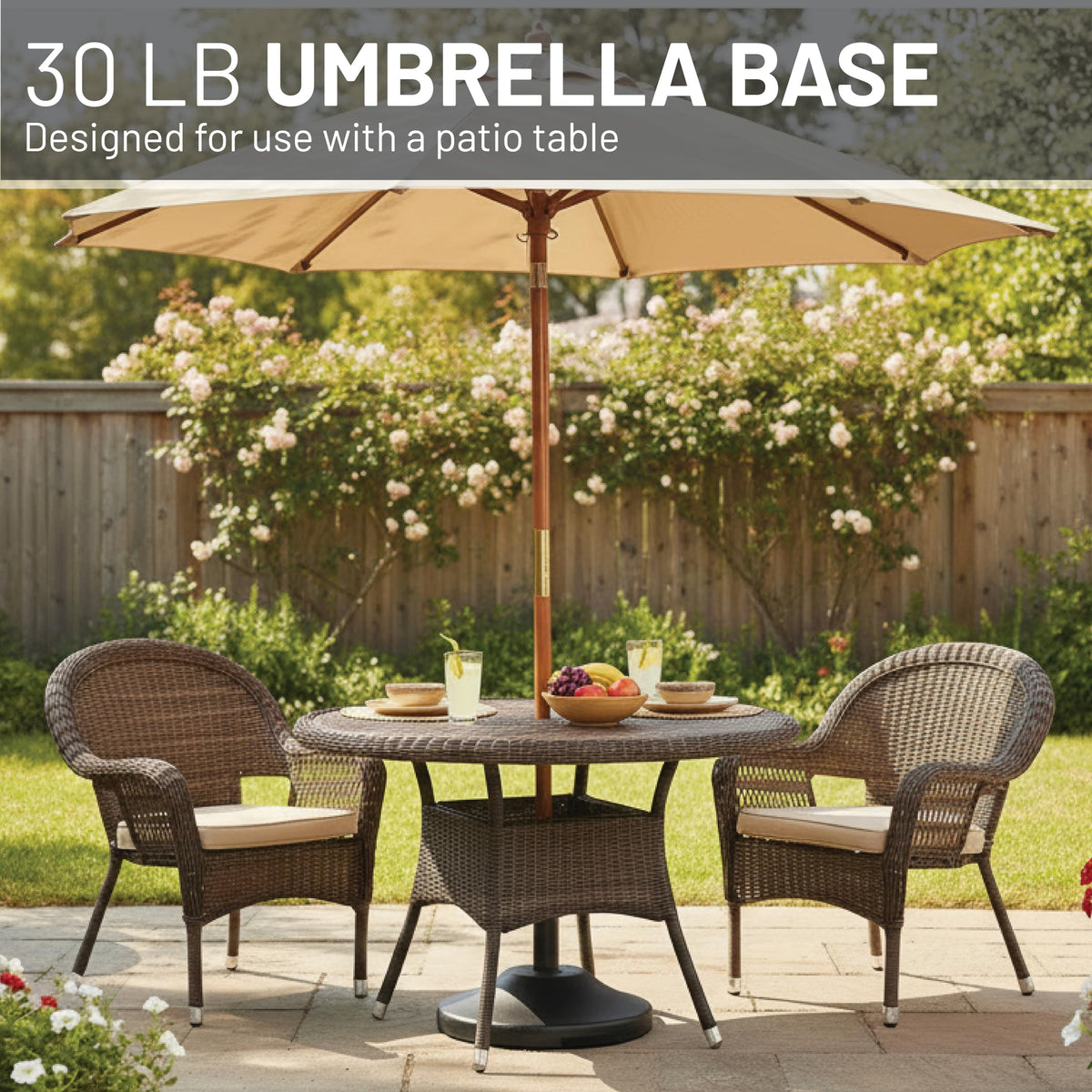 US Weight umbrella base features an 11.42-inch height for reliable under-table anchoring.