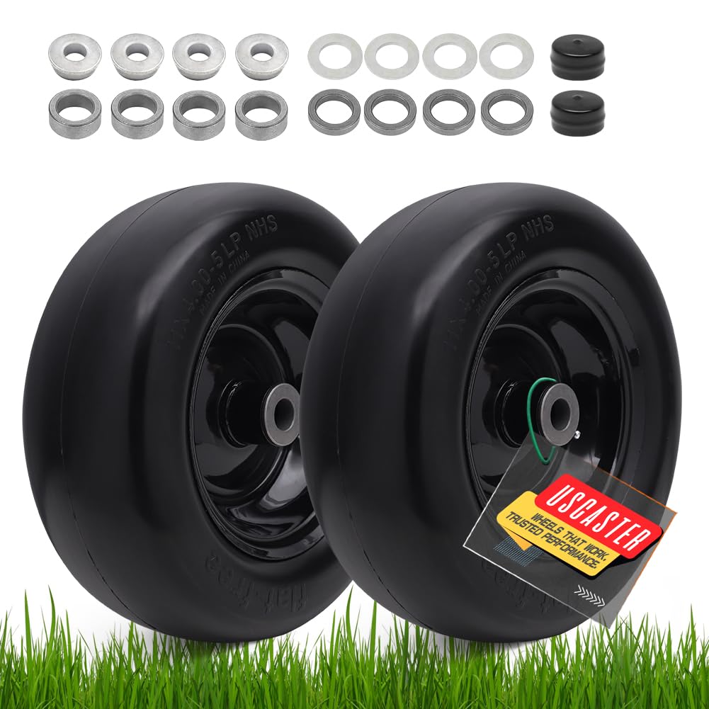 USCASTER 11x4-5 tire with wheel assembly improves turf protection during mowing.